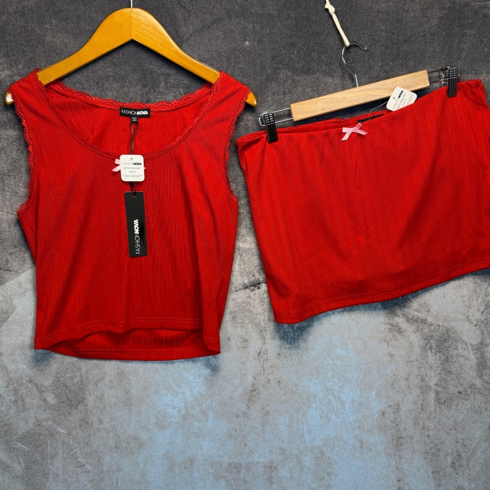 Fashion Nova Bow Love Ribbed Skirt Set Womens Red Slim XL Co-ord Party Club